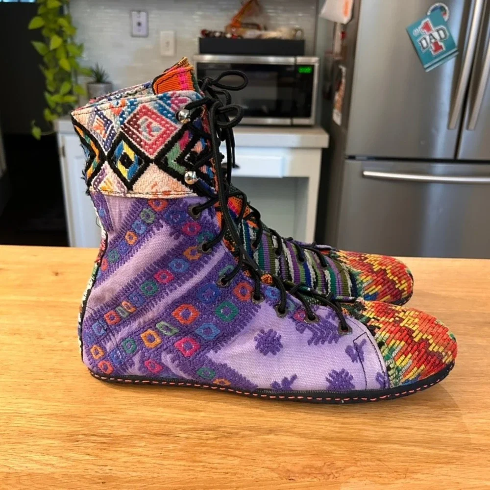Handmade Guatemalan Huipil Boots Mens 11.5 45 Multi Color Woven Textile Lace Up